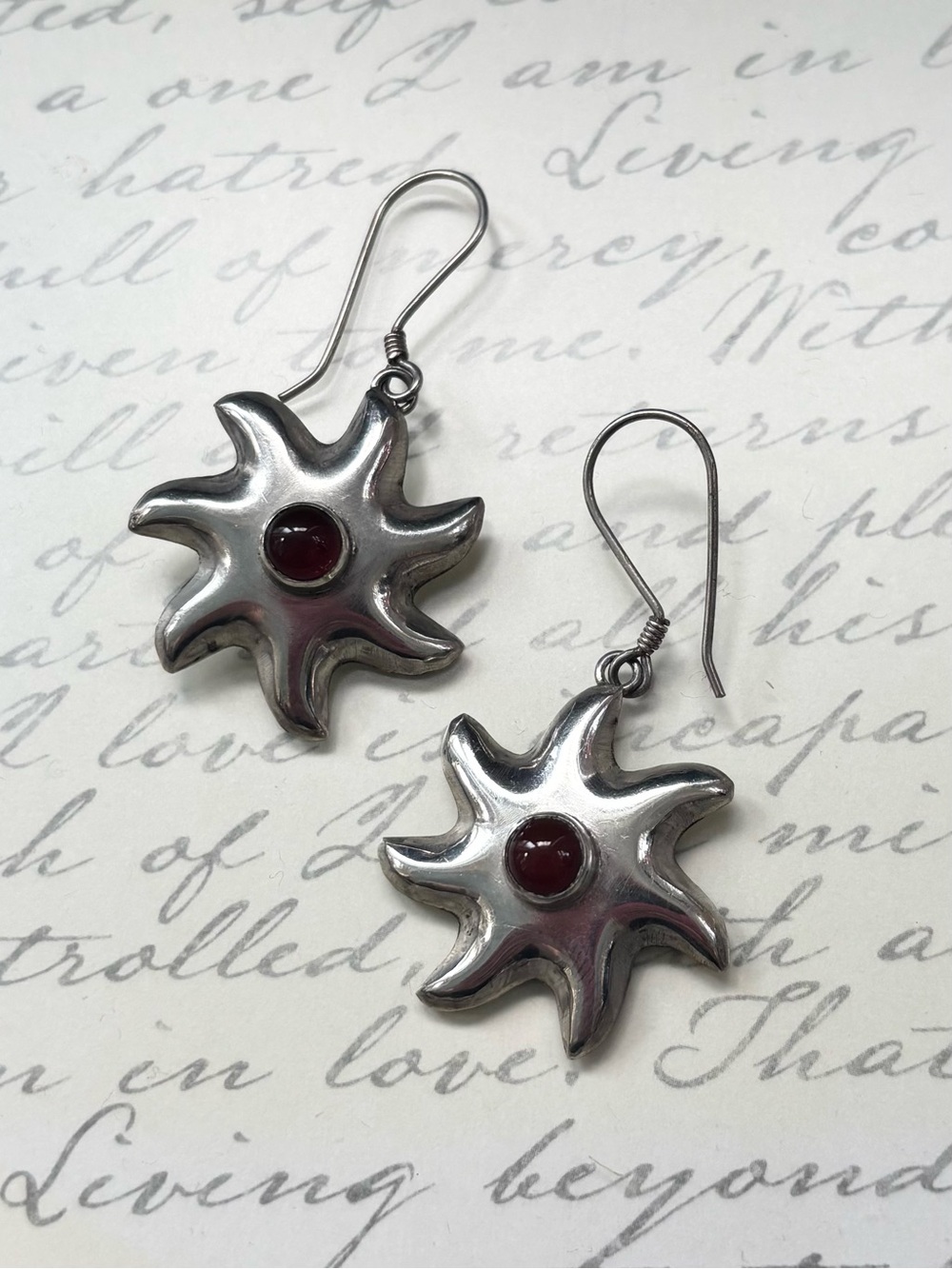 Large Vintage Sterling Silver Starburst Drop Earrings with Carnelian